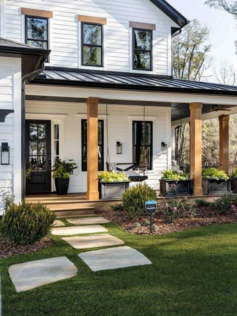 50 Beautiful Farmhouse Porch Columns For a Grand Entrance - NP Modern Front Porches, Casas Country, White Farmhouse Exterior, Farmhouse Exterior Design, House Front Porch, Porch Remodel, Black Shutters, Porch Columns, Front Porch Design