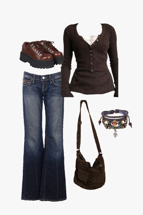 brown outfit lowrise flared jeans downtown girl aesthetic Twilight Outfits, 00s Mode, Downtown Outfits, Chique Outfits, Bella Swan, Bag Essentials, 2000s Fashion Outfits, Swaggy Outfits, Cute Everyday Outfits