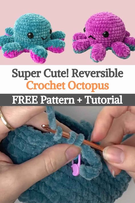 Crochet Reversible Toy Free Pattern, Reversable Octopus Crochet Pattern, Diy Reversible Octopus, Easy Knitting Animals, Crochet Patterns Stuffed Animals Easy, Crochet Reversable Octopus, Crochet Projects Octopus, Small Crochet Amigurumi Animals, Small Knitted Animals