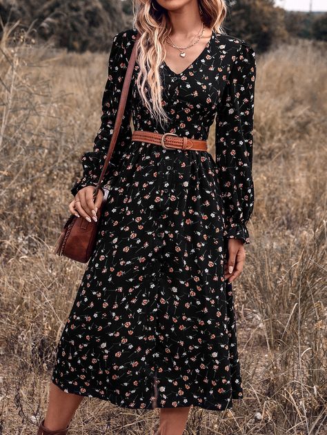 2023 Fall Dresses, Winter Romantic Outfits, Autumn Dresses Casual, Dresses To Wear With Boots, Long Dress Outfit Ideas, Winter Floral Dress, Dresses With Belts, Ditsy Dress, Flounce Sleeve Dress