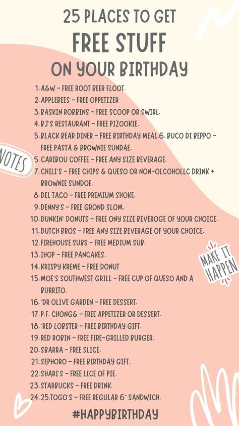 Things To Get Yourself For Your Birthday, Things For Your Birthday List, Free Things On Your Birthday List, List Of Birthday Freebies, Free Food On Your Birthday List, Birthday Ideas 14-15, Fun Stuff To Do On Your Birthday, Free Food You Can Get On Your Birthday, Free Foods You Can Get On Your Birthday