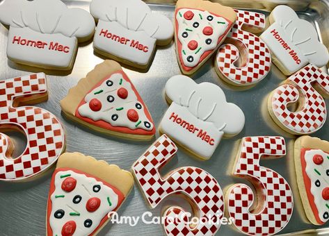 Pizza Theme Cookies, Pizza Party Cookies, Pizza Themed Cake, Pizza Decorated Cookies, Pizza Cookies Decorated, Pizza Sugar Cookies, Pizza Birthday Cake, 10th Anniversary Idea, Kids Pizza Party