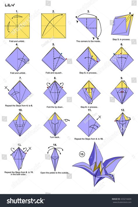 Origami Flower Lily Instructions Steps Stock Illustration 433216609 Origami Lily, Easy Origami Flower, Origami Flowers Tutorial, Flower Origami, Vika Papper, Creative Origami, Origami Diagrams, Tutorial Origami, Cute Origami