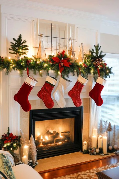 25+ Christmas Mantle Decor Ideas for a Festive Fireplace Mirror Over Fireplace Christmas, Xmas Mantels Ideas Fireplace Mantles, Christmas Fireplace Decorations Mantles, Farmhouse Christmas Mantle Ideas, Classic Christmas Mantle, Fireplace Christmas Decor Ideas, Modern Christmas Mantle, Garland On Fireplace, Vintage Christmas Mantle