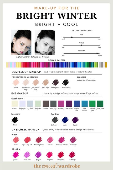 The Bright Winter Make-up Palette - the concept wardrobe Bright Winter Celebrities, Bright Winter Color Palette, Clear Winter Palette, Winter Make-up, Winter Skin Tone, The Concept Wardrobe, Pinterest Infographic, Winter Make Up, Cool Winter Color Palette