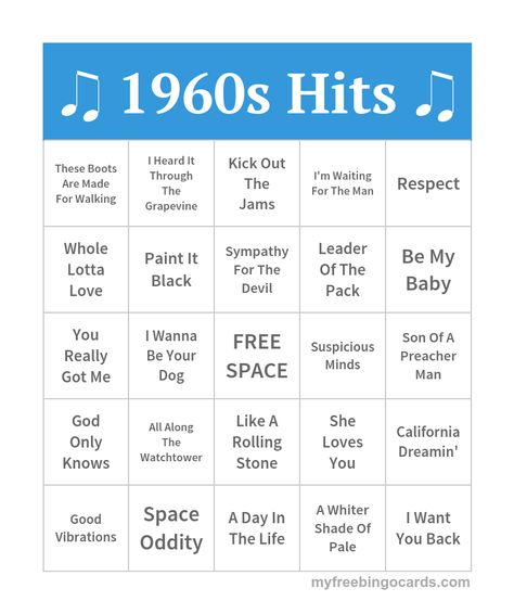 1960s music hits bingo Music Bingo Free Printable, 1960s Room, Bingo Ideas, 60's Party, Bingo Card Generator, Music Bingo, Summer Bingo, 60s Theme, Free Printable Bingo Cards