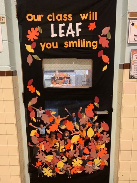 Nursing Home Fall Bulletin Boards, Look Who's Hiding In The Leaves Door, Fall Harvest Decor, Fall Classroom Door Decorations, October Bulletin Board Ideas, Fall Classroom Decorations Ideas, Door Decor Classroom, Classroom Parent, October Bulletin Board