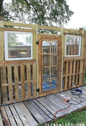 pallet garden shed potting old windows cans, diy, outdoor living, pallet, repurposing upcycling, roofing, woodworking projects Pallet House, Pallet Garden Shed, Shed Inspiration, Cans Diy, Pallet Building, Pallet Shed, Used Pallets, Small Woodworking Projects, Pallet Outdoor