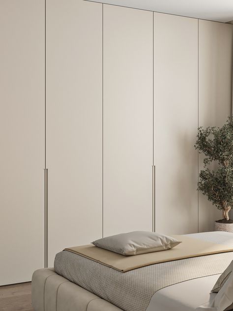 Bedroom. warm beige on Behance Beige Closet Aesthetic, Bedroom Wardrobe Minimalist, Wardrobe Beige Design, Minimal Bedroom Wardrobe, Minimal Beige Bedroom, Neutral Bedroom Wardrobe, Scandi Bedroom Wardrobe, Minimalist Cabinets Bedroom, Build In Closet Bedroom