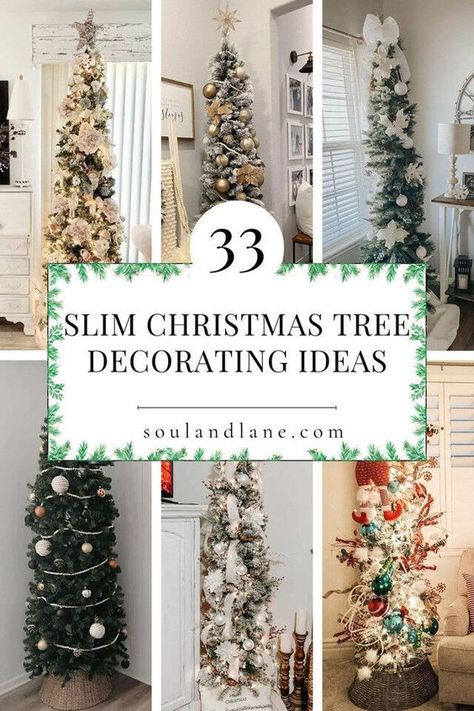 Pencil Tree Ideas Christmas, Christmas Trees For Small Apartments, Pencil Christmas Tree Decoration Ideas, How To Decorate A Pencil Tree Christmas, Slim Pencil Christmas Tree Decor, Tall Narrow Christmas Tree, Ultra Slim Christmas Tree Decorated, Pencil Tree Ribbon Ideas, Decorating Pencil Trees For Christmas