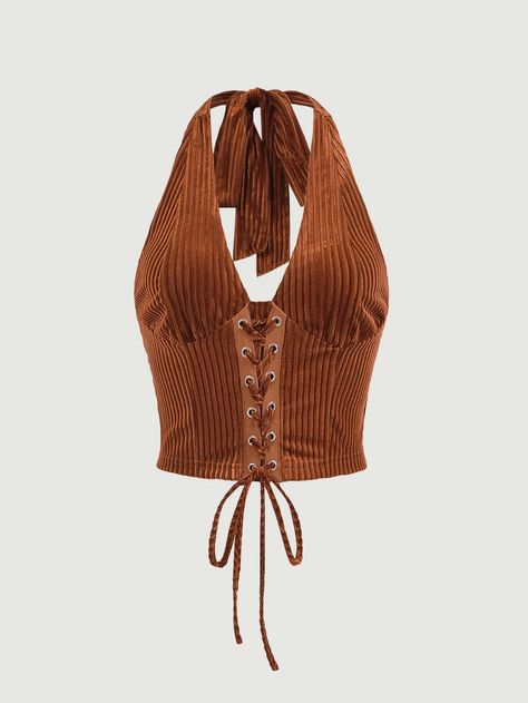 SHEIN MOD Lace Up Front Halter Top | SHEIN USA 70s Womens Outfits Casual, 70s Halter Top Outfit, 70s Tops Women, 70s Aesthetic Fashion, 70s Halter Top, Halter Tops Outfit, Vintage Halter Top, Rodeo Dress, 70s Inspired Outfits