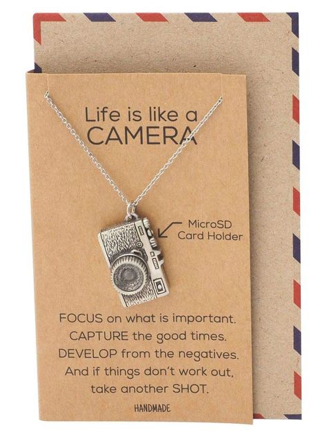 PRICES MAY VARY. AUTHENTIC AND HANDMADE DESIGN. A cute dainty camera necklace is a minimalist gift that comes with a quote card that reads: "Life is like a camera. FOCUS on what is important. CAPTURE the good times. DEVELOP from the negatives. And if things don't work out, take another SHOT." INSPIRATIONAL GIFT with trademarked packaging. This is jewelry that tells your story. A quality-built women's accessory that's durable, long-lasting, and stylish—made to accentuate your look for any occasio Necklace Photography, Inspirational Quotes Cards, Mother Daughter Necklaces Set, Camera Necklace, Mother Daughter Jewelry, Engraved Pendant, Daughter Jewelry, Best Friend Necklaces, Gifts For Photographers