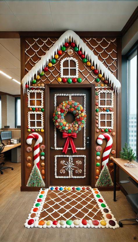 🎄 Transform Your Workplace with These 21 Stunning Christmas Office Door Decorating Ideas! 🎅✨ Gingerbread Christmas Front Door, Gingerbread House Wreaths, Christmas Candy House Decorations, Gingerbread And Candy Cane Decorations, Christmas Morning Surprise Decorations, Candy Cane Lane Hallway Decorations, Christmas Theme Door Decorations, Christmas Candy Door Decorations, Diy Gingerbread Decorations Outside