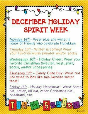 Oh I like the Hanukkah idea Pto Activities, Student Council Activities, Holiday Spirit Week, Spirit Week Themes, December Themes, Spirit Day Ideas, School Spirit Week, School Spirit Days, Spirit Days