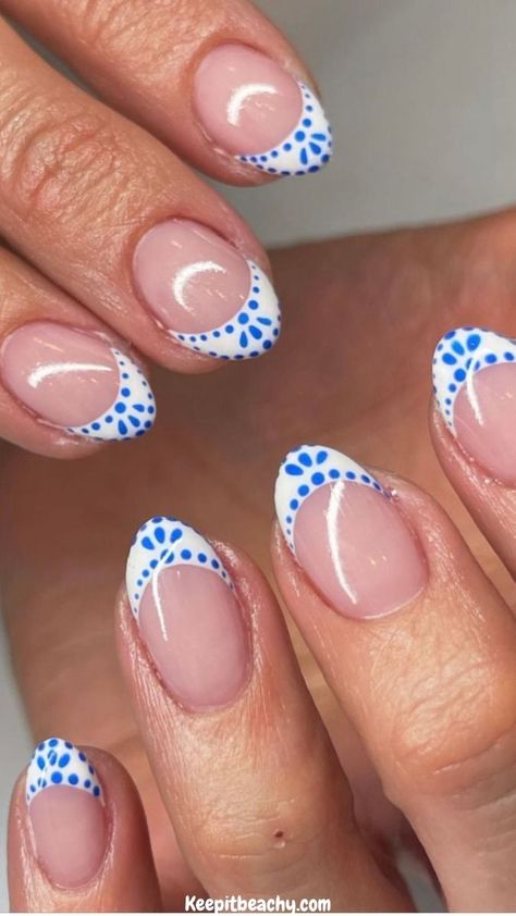 These blue and white french tip nails quite literally nail the coastal granddaughter aesthetic PERFECTLY. I am loving all of these summer nail ideas.   Photo by: @nailsbyswayz Gel Nail Tip Designs, French Tip Back To School Nails, Nails That Look Good With Red Dress, French Tips With Blue Dots, White French With Blue Design, White French With Blue Dots, Nail Ideas Cruise, White And Blue Tip Nails, White French Tips With Blue Dots