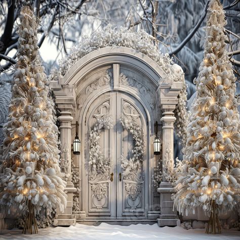 Kate Winter Christmas Snowy Frosted White Door Tree Backdrop for Photo Natal, Christmas Driveway, Frosted Door, Winter Wonderland Christmas Tree, Tree Backdrop, Christmas Gala, Glam Christmas Tree, Christmas Winter Wonderland, Door Tree