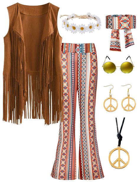 PRICES MAY VARY. 70s outfit for women:Hippie costume include 1*hippie fringe vest suede, 2*hippie flower headband, 1*peace sign earrings , 1*peace sign necklace, and 1*retro sunglasses,these hippie accessories will bring you an attractive charm, make you the focus of the theme party. Soft meterial :Pants:Stretchy Fabric, Fit To Wear All Day.Machine Wash are Available,hippie fringe vest is made Faxure Suede , is light weight, soft and comfortable when your wearing.Wear with Hippie accessories wil 70s Outfits For Women, Hippie Costume Ideas, Hippie Halloween Costume, 70s Party Outfit, Hippie Flare Pants, 70s Fashion Hippie, Outfit Hippie, 70s Outfit, 1969 Fashion