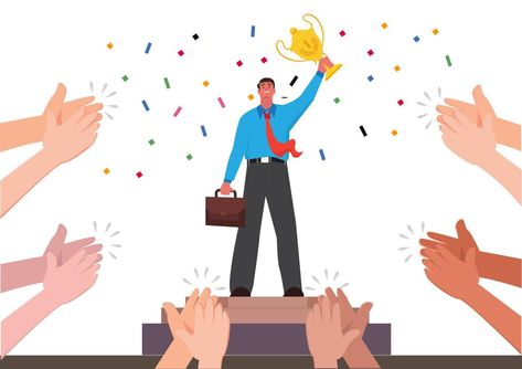 A successful businessman character stands on the podium holding a trophy while people applaud him. Celebrate the award of victory flat style cartoon vector illustration Award Winning Illustration, Victory Illustration, Podium Illustration, Award Illustration, Trophy Illustration, Finance Illustration, Award Poster, Network Design, School Awards