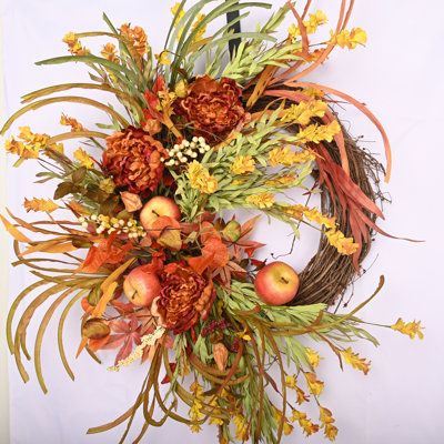 Large artificial front door indoor wreath, fall thanksgiving day apple peony wreath. | Primrue 26" Silk Wreath Most Realistic Faux / Silk in Orange / Yellow | 26 H x 26 W x 6 D in | Wayfair Front Door Wresth, Fall Decor With Feathers, Farmhouse Grapevine Wreath, Fall Grapevine Wreaths Autumn, Sunflower Grapevine Wreath, Backyard Fall Decor, Simple Fall Wreaths For Front Door, Fall Wreaths For Front Door Autumn, Fall Swags For Front Door