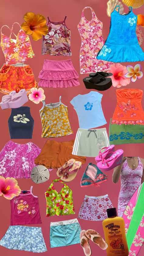 #surfergirl #hibiscus #y2k #clothes #outfits #outfit #clothing #fashion Tropical Inspo Outfit, Surfer Inspired Outfits, Hawaiian Fits Aesthetic, Tropical Outfits For School, Preppy Outfits Y2k, Tropical Themed Outfit, Hawaiian Beach Party Outfit, Aloha Aesthetic Outfit, Y2k Fashion Summer Outfits