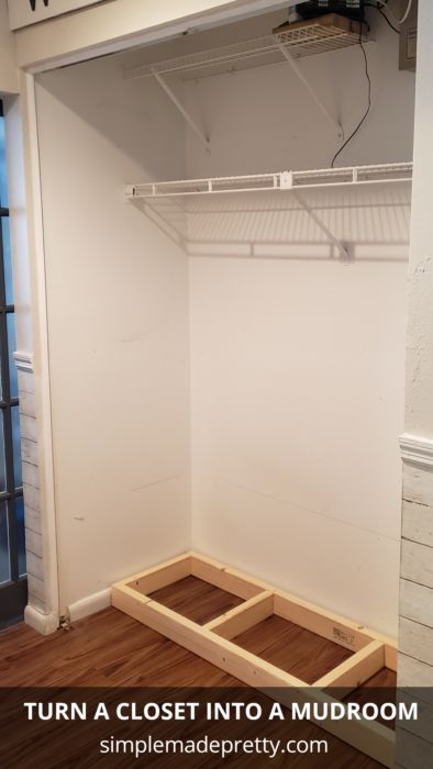 Closet Storage Bench, Front Closet Entryway Ideas, Mini Mudroom Entryway Closet, Diy Closet Entryway, Step Down Mudroom, Drop Zone In Closet, Closet Into Mudroom Diy, Hall Closet To Mudroom Diy, Hallway Closet To Mudroom