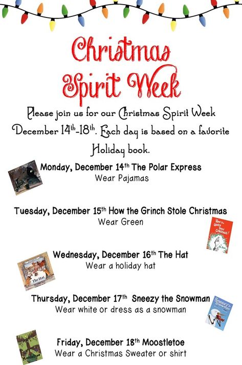 Christmas Spirit Week Ideas For Preschool, December Spirit Week, Holiday Spirit Week Ideas School, Christmas Spirit Week Ideas For Daycare, Christmas School Dress Up Days, September Spirit Week Ideas, 12 Days Of Christmas Dress Up Ideas For School, 12 Days Of Christmas Ideas For Work Dress Up, Christmas Spirit Week Ideas For Kids