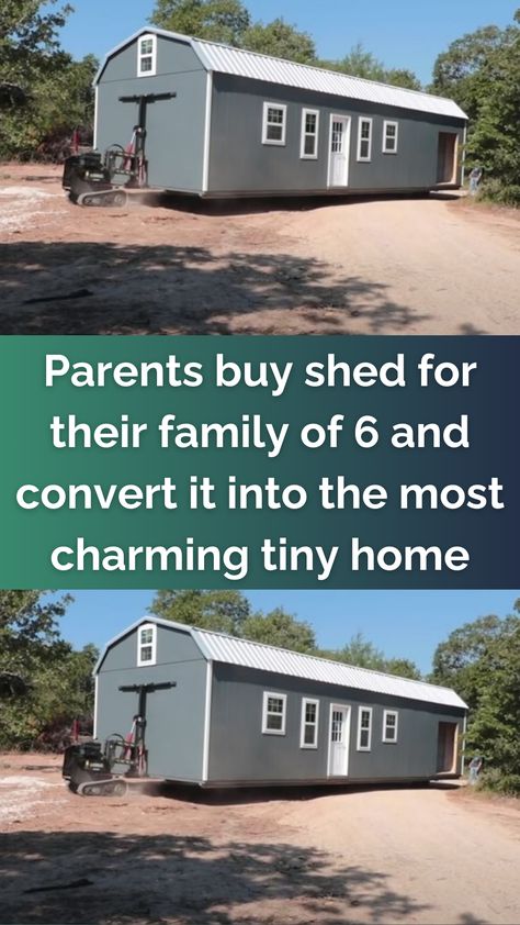 Not only did their 'shed home' turn out gorgeous, but it's completely changed their lives. Would you move into a shed and share a single bathroom with your four children? Well, Kelly and Beau Brotherton did and it suits them just fine.  Converting a 16′ x 48′ shed into a cozy home has allowed them to work toward their goal of being debt-free in their 30s. In addition to building their home on 7 acres of raw land, they also turned that land into a self-sufficient farm. Slant Roof Tiny House, Storage Shed Home, Turning A Shed Into A Guest House, Shed Life, 16x48 Shed House Plans, Shed To Home Floor Plans, She’d To House, How To Build A Tiny Home On A Budget, Shed Homes Ideas Interiors