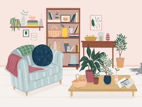 Living Room by Folio Illustration Agency on Dribbble Flat Design, Living Room Illustration, 달력 디자인, Garment Construction, Interior Design Sketches, House Illustration, Interior Illustration, Sustainable Home, Green Living