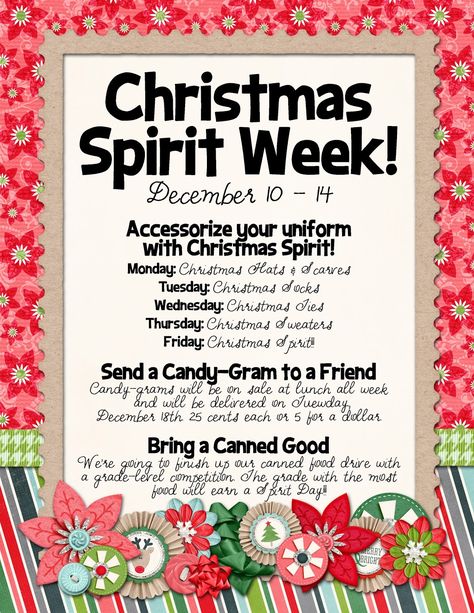 Image result for holiday spirit week ideas Christmas School Spirit Week Ideas, Christmas Office Ideas Fun, Spirit Week Christmas Ideas, Christmas Spirit Week School, Christmas School Dress Up Days, School Climate And Culture, December Spirit Week Ideas, 12 Days Of Christmas Dress Up Ideas For School, December Staff Morale Booster