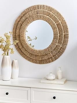 Very home 3 layered woven mirror 64cm depth: 640 mm height: 50 mm material content: metal frame + seagrass + mirror Beach Style Mirror, Seagrass Mirror, Woven Mirror, Diy Mirror Decor, Lounge Mirrors, Bamboo Diy, Baby Mirror, Deco Boho, Boho Mirror