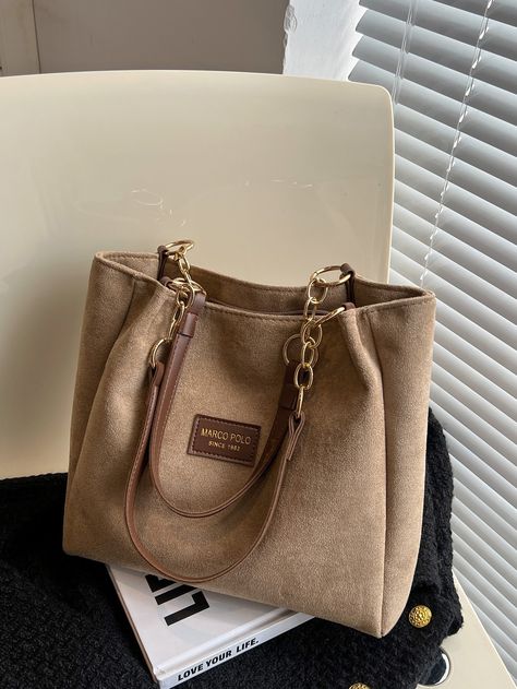 Khaki Casual,Fashionable Collar  Fabric Colorblock,Letter Shoulder Tote Bag Embellished   Women Bags Beg Tangan, Suede Tote Bag, Handbags For School, Suede Tote, Suede Fashion, Nylon Tote Bags, Crossbody Bag Women, Nylon Tote, Casual Tote