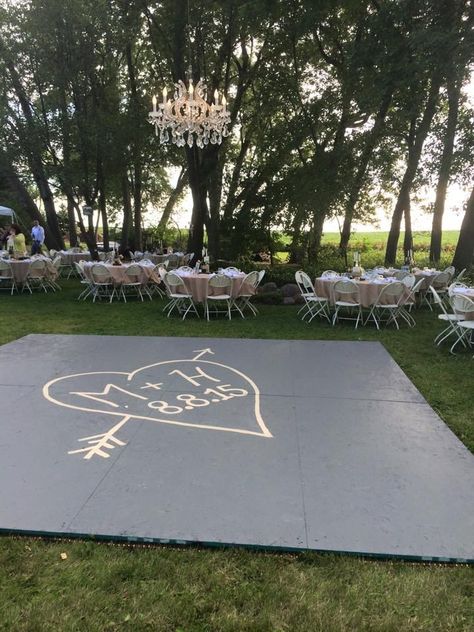 Wedding Dance Floor With Initials, Simple Wedding Backyard Ideas, December Backyard Wedding Ideas, Chandelier For Outdoor Wedding, Building A Dance Floor, How To Build A Dance Floor For Wedding, Diy Dance Floor Wedding Outdoor, Backyard Wedding Dancefloor, Painted Dance Floor Wedding