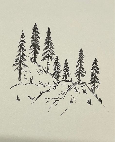 Croquis, Outside Drawing Ideas, Outdoorsy Sketches, Mountains And Trees Drawing, Pine Trees And Mountains, Pen Drawing Mountain, Forest Drawings Simple, Landscape Pen Sketch, Simple Pen Drawings Doodles