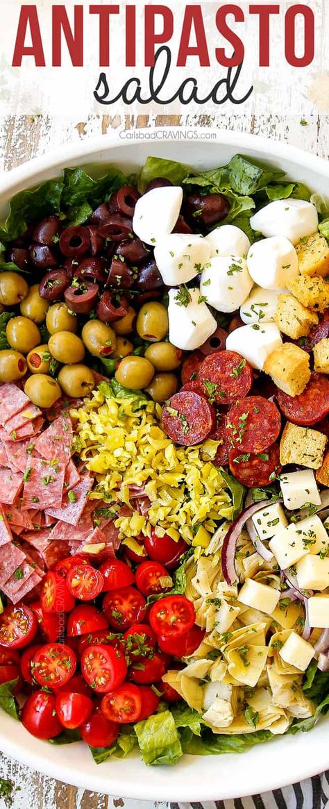 Antipasto Salad with the BEST dressing! + VIDEO (How to make ahead) Antipasto Salad For A Crowd, Antipasto Salad Pasta, Crowd Pleasing Salads, Antipasto Salad Recipes, Best Italian Salad, Antipasto Salads, Antipasta Salad, Salami Salad, Salad Combinations