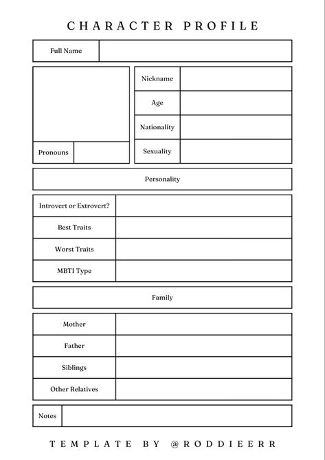 Write A Book Template, Book Character Sheet Template, Book Writing Characters, Book Character Profile, Writing Book Template, Character Writing Sheet, Character About Me, Profile Information Ideas, About Character Sheet