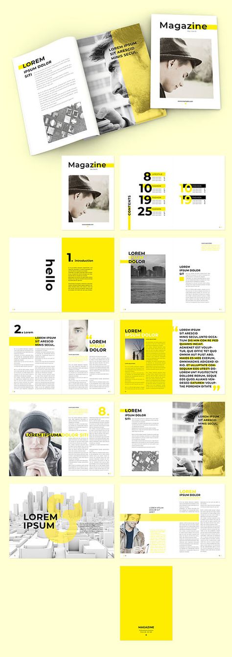 Magazine Layout with Yellow Overlay Elements and Text - Free PSD Templates Urban Magazine Layout, Magazine Text Layout, Text Layout Design, Magazine Spread Layout, Magazine Elements, Yellow Layout, Yellow Magazine, Portfolio Format, Urban Magazine