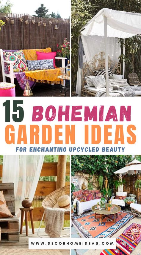 Get creative with your garden and check out these 15 upcycled bohemian garden ideas for a unique and beautiful outdoor space! Boho Maximalist Decor, Bohemian Garden Ideas, Bohemian Outdoor Spaces, Boho Garden Ideas, Home Decorations Ideas, Chic Decor Diy, Bohemian Backyard, Moroccan Garden, Bohemian Patio