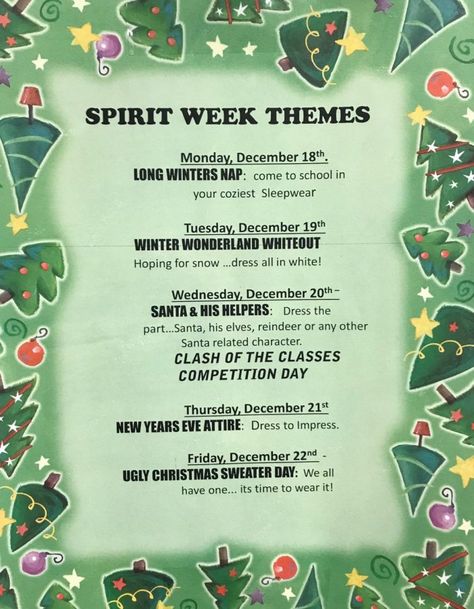 GET INTO THE HOLIDAY SPIRIT WEEK – The Slater Natal, Holiday Spirit Week Ideas, Holiday Spirit Week, Spirt Week Ideas, Spirit Week Ideas, Spirit Week Themes, Spirit Day Ideas, School Spirit Week, School Spirit Days