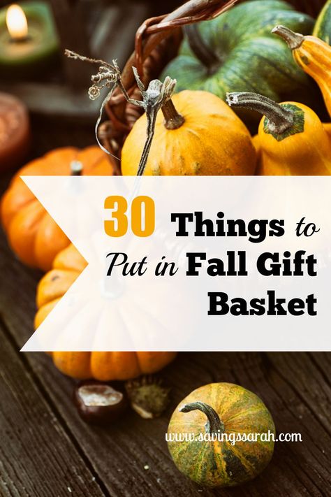 What better way to celebrate the changing seasons than a Fall Gift Basket. Here are 30 ideas of what to put in it. Your friends and family will be delighted to receive. Have a look. Fall Basket Ideas, Thanksgiving Gift Basket, Thanksgiving Baskets, Thank You Baskets, Fall Gift Baskets, Theme Baskets, Halloween Gift Baskets, Auction Basket, Pumpkins And Gourds