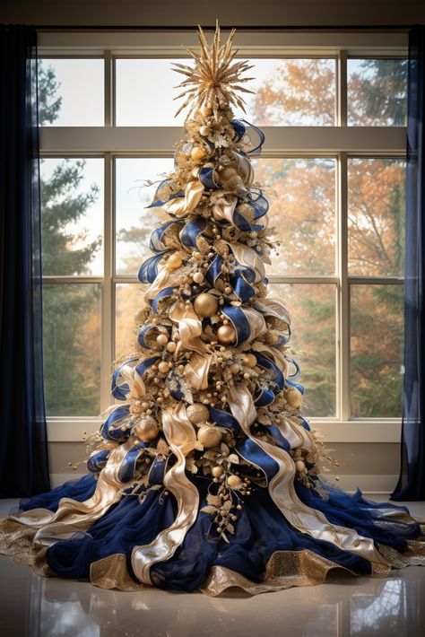 Blue And Gold Christmas Tree, Christmas Ceiling, Blue And Gold Christmas, Christmas Banquet, White And Gold Christmas, Blue Christmas Tree Decorations, Glam Christmas Tree, Best Christmas Tree, Christmas Tress