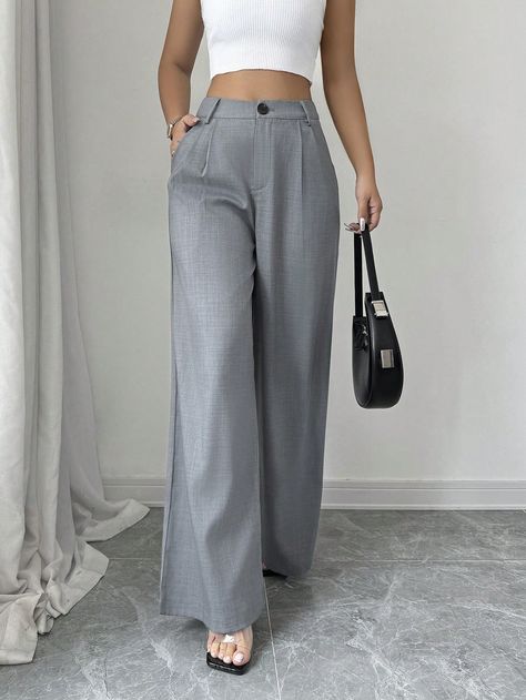 Women Stylish Casual Palazzo Pants Grey Casual   Woven Fabric Plain Wide Leg Non-Stretch  Women Clothing, size features are:Bust: ,Length: ,Sleeve Length: Comfy Work Pants, Pantalon Wide Leg Outfit, Pantalon Palazzo Outfits, Wide Leg Work Pants, Pantalon Wide Leg, Palazzo Outfit, Wide Leg Outfit, Palazzo Pants Outfit, Wide Legs Pants