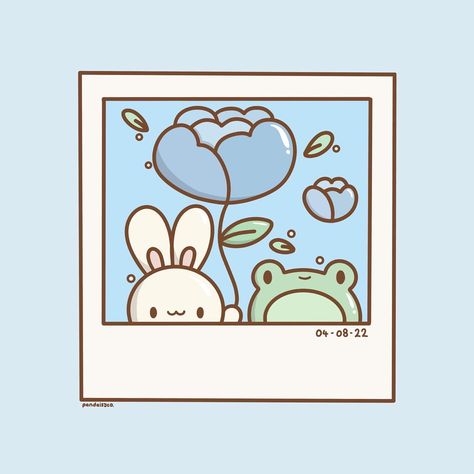 Illustration of a Polaroid containing a bunny holding a flower and a frog. Polaroid Pictures Craft, Polaroid Cute Drawing, Cute Card Doodles, Cute Card Drawing Ideas, Cute Polaroid Drawings, Cute Kawaii Paintings, Polaroid Pictures Drawing, Polaroid Picture Drawing, Drawing Card Ideas