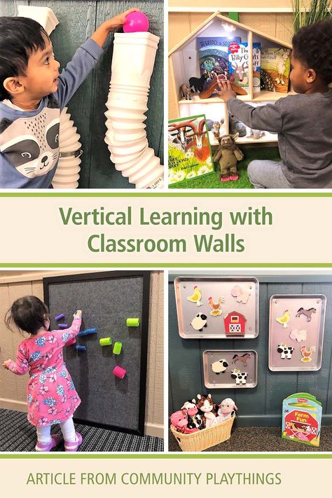 “Rather than thinking about classroom walls solely as a place to post “stuff”, start viewing walls as places for children to actively interact and engage. Begin using the classroom walls as a powerful learning tool and capture their power by creating vertical learning environments that offer children places to play, collaborate, manipulate, and learn.” This article by Sandra Duncan outlines creative ways to make the most of the wall space in your classroom. Daycare Play Centers, Wall Ideas For Preschool Classroom, Montessori, Daycare Interactive Wall, Nursery Sensory Wall, Sensory Wall Activities, Vertical Learning Wall, Daycare Sensory Wall, Sensory Wall For Preschool