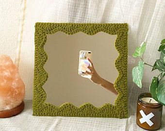 Crochet Review Mirror, Yarn Mirror, Crochet Mirror Frame, Harden Scott, Wiggle Mirror, Crochet Mirror, Funky Frames, Crochet Room, Squiggle Mirror