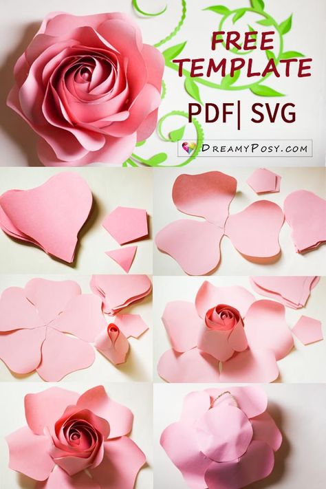 FREE template and full tutorial to make giant rose for backdrop Cricut Rose Template Free, Paper Wall Flowers Diy Template, Diy Giant Rose, Small Paper Flowers Diy Template Free Printable, Giant Flower Template Free, Giant Paper Roses Diy, Giant Paper Rose, Cricut Flowers, Free Paper Flower Templates