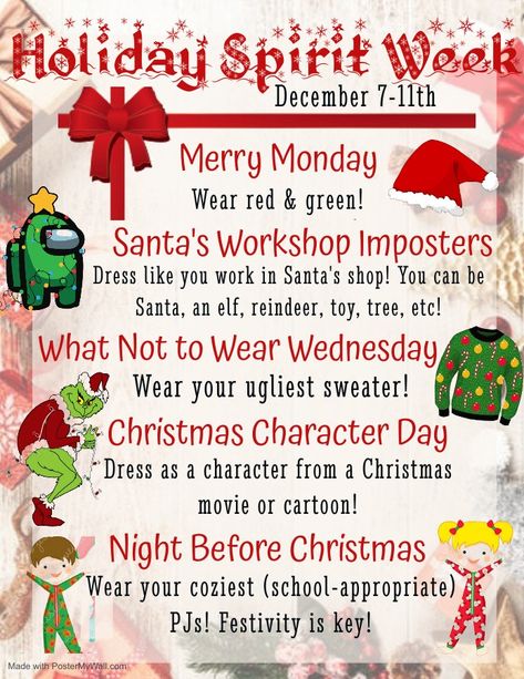 Student Council Ideas For December, Christmas Work Spirit Week, December Spirit Days, Christmas Parent Involvement Ideas, Natal, Christmas Work Week Ideas, Christmas Theme Spirit Week, School Christmas Spirit Week, Christmas Work Ideas 12 Days Of