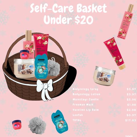 Cute self care basket idea that won’t break the bank! Everything included is from @Walmart ☺️ As for the basket to put the stuff in, I’ve found some really nice ones at my local thrift store for less than $5! #pinterest #christmas #pink #selfcare #budget #aesthetic @mybodycology @vaselineus Walmart Gift Basket Ideas, Gift Basket Ideas Under $25, Gift Basket Cheap, Selfcare Basket, Selfcare Gift Basket, Budget Aesthetic, Cute Self Care, Cheap Gift Baskets, Pink Selfcare