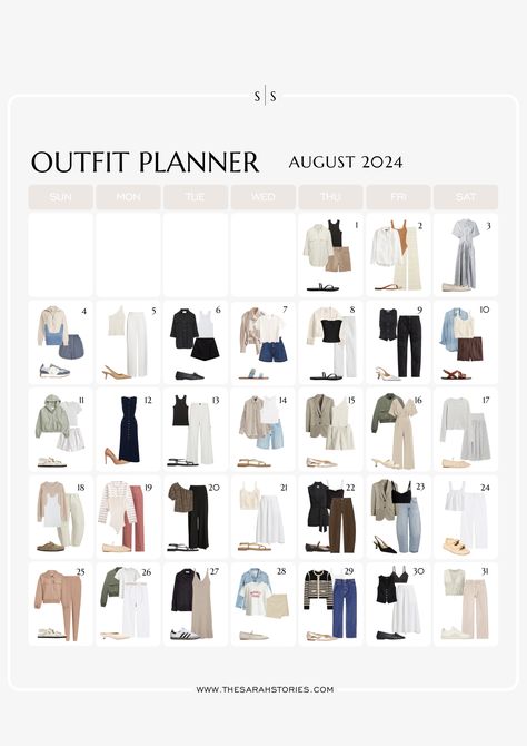 Feeling uninspired? Spark your style with 31 daily outfit ideas in our August 2024 planner. Fuel your fashion creativity and embrace transitional layers as we move from Summer to Fall! Daily Wardrobe Outfit Ideas, Outfits For August 2024, Late Summer Fashion 2024, August 2024 Fashion Trends, August 2024 Outfits, End Of August Outfits, Curate Your Style, August Outfits 2024, August Fashion 2024