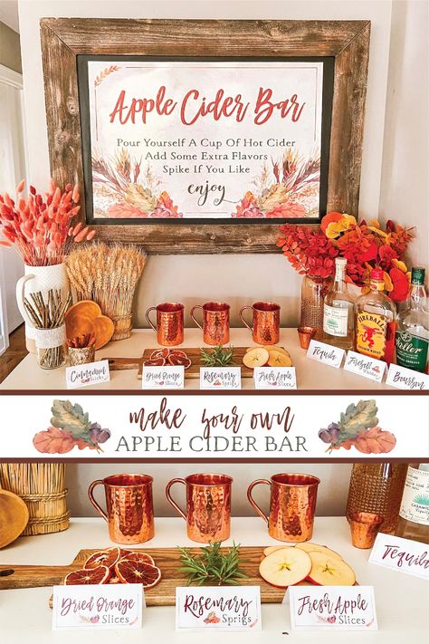 Thanksgiving Theme Party Food, Fall Coffee Bar Ideas Party, Fall Themed Housewarming Party, Popcorn Bar Fall, Apple Cider Bar Cart, Fall Themed Mimosa Bar, Fall Banquet Ideas, Fall Wedding Soup Bar, Pumpkin Engagement Party