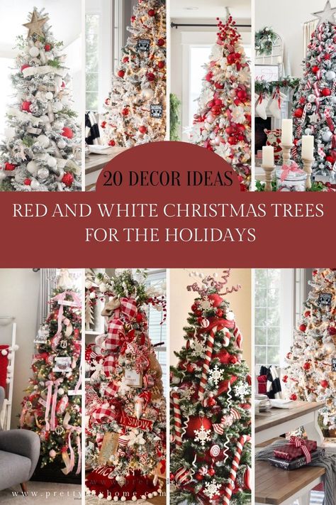 A collection of eight amazing decorated Christmas trees all in red and white. They are part of a collection of 20 gorgeous Christmas decor ideas for a red and white Christmas decor theme. Red And White Bows On Christmas Tree, Natal, Christmas Tree Themes Red And White, Red And White Christmas Tree Theme, Flocked Christmas Trees Decorated Red And White, Christmas Tree Red And White Ideas, Red White Xmas Tree, Magical Christmas Tree Ideas, White And Red Christmas Decor Ideas